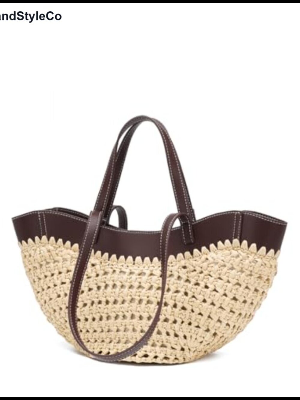 Straw Tote Bag Woven Beach Bag Leather Trim Double Straps Mesh Boho Shoulder Bag
